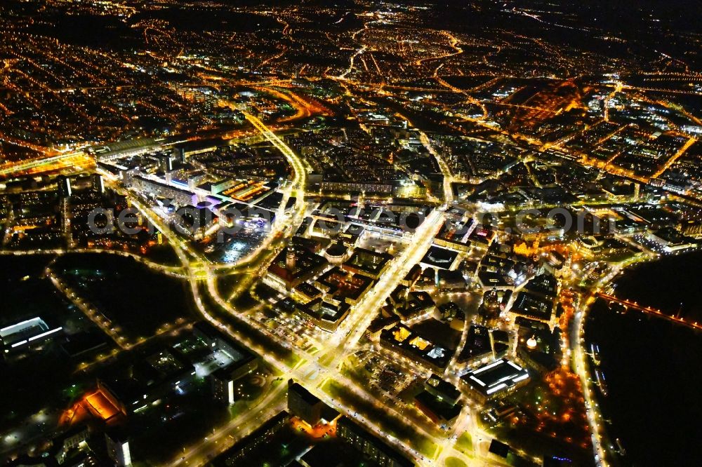 Dresden at night from the bird perspective: Night lighting City view on the river bank of the River Elbe in the district Altstadt in Dresden in the state Saxony, Germany