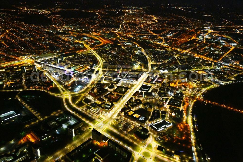 Aerial photograph at night Dresden - Night lighting City view on the river bank of the River Elbe in the district Altstadt in Dresden in the state Saxony, Germany