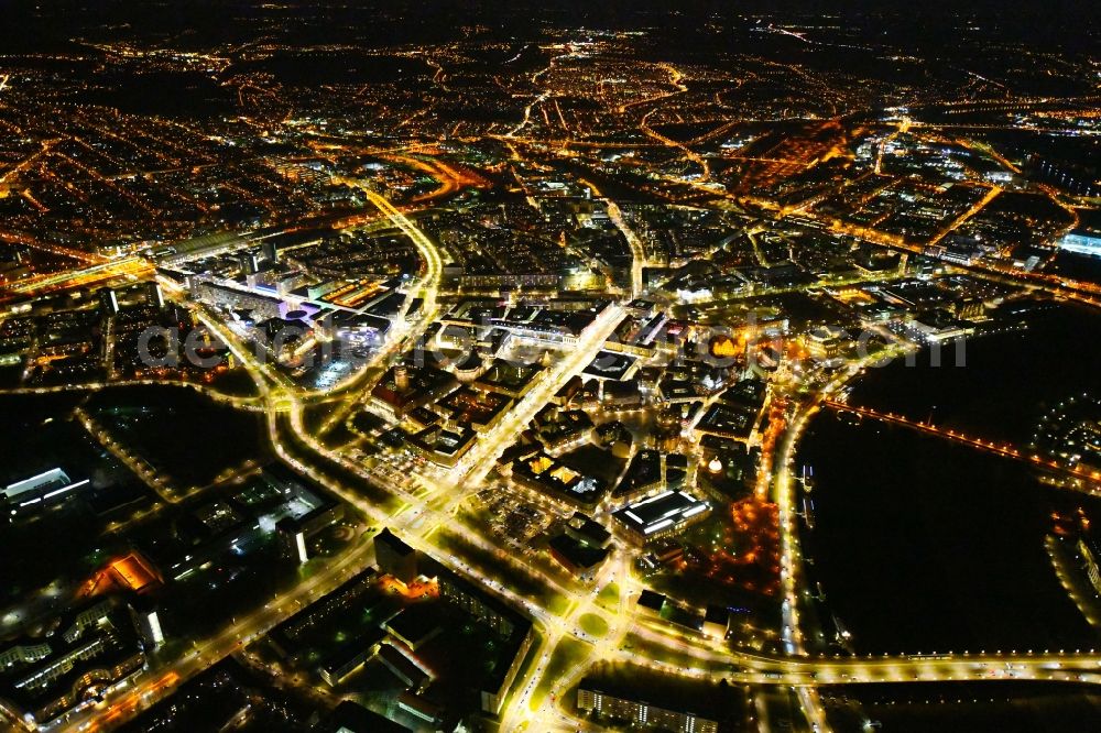 Aerial image at night Dresden - Night lighting City view on the river bank of the River Elbe in the district Altstadt in Dresden in the state Saxony, Germany