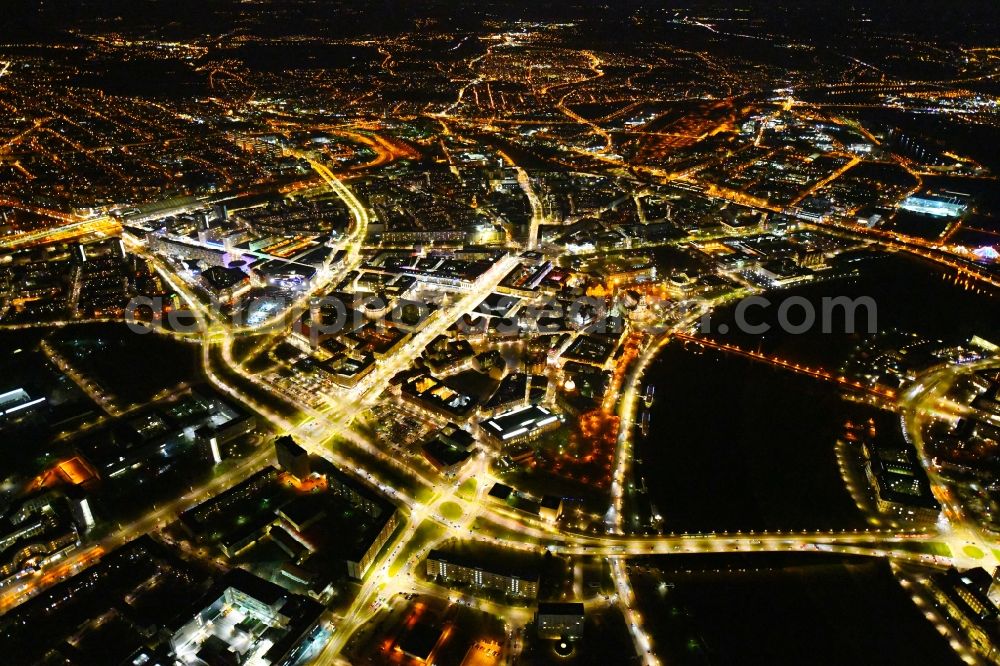 Dresden at night from above - Night lighting City view on the river bank of the River Elbe in the district Altstadt in Dresden in the state Saxony, Germany