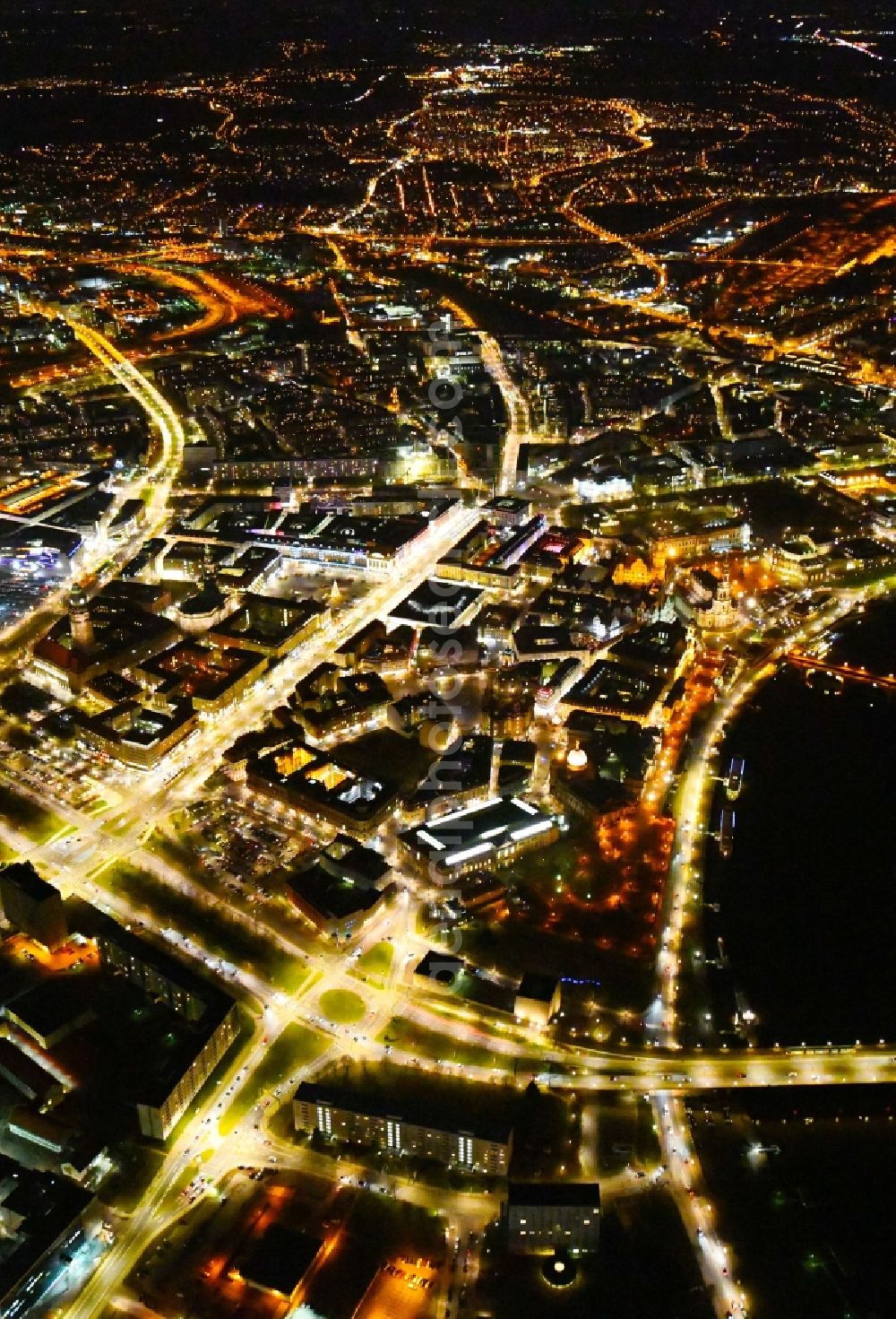 Dresden at night from the bird perspective: Night lighting City view on the river bank of the River Elbe in the district Altstadt in Dresden in the state Saxony, Germany