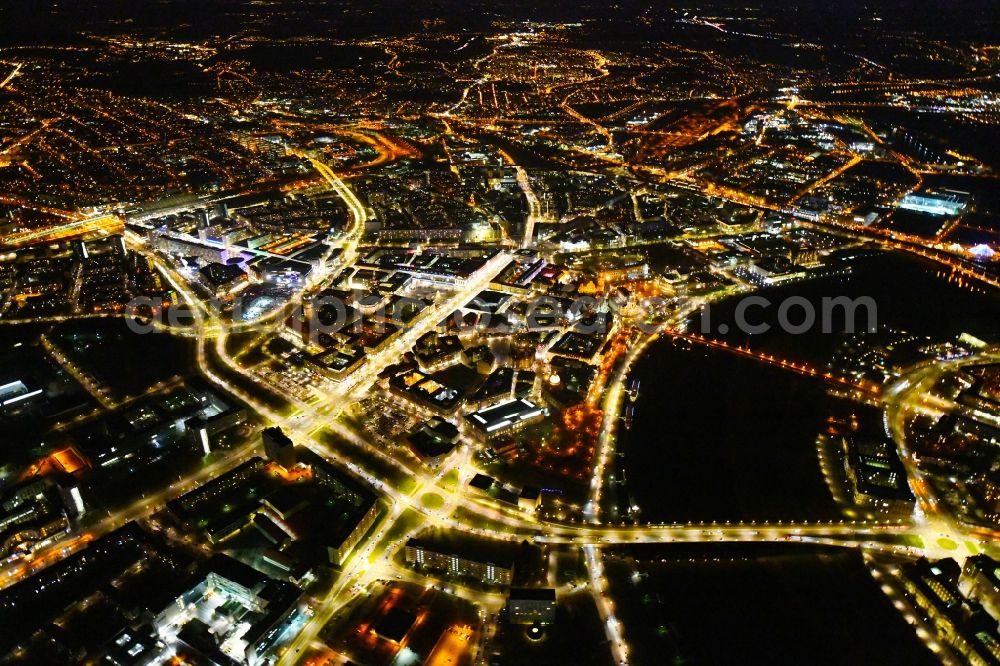 Aerial photograph at night Dresden - Night lighting City view on the river bank of the River Elbe in the district Altstadt in Dresden in the state Saxony, Germany