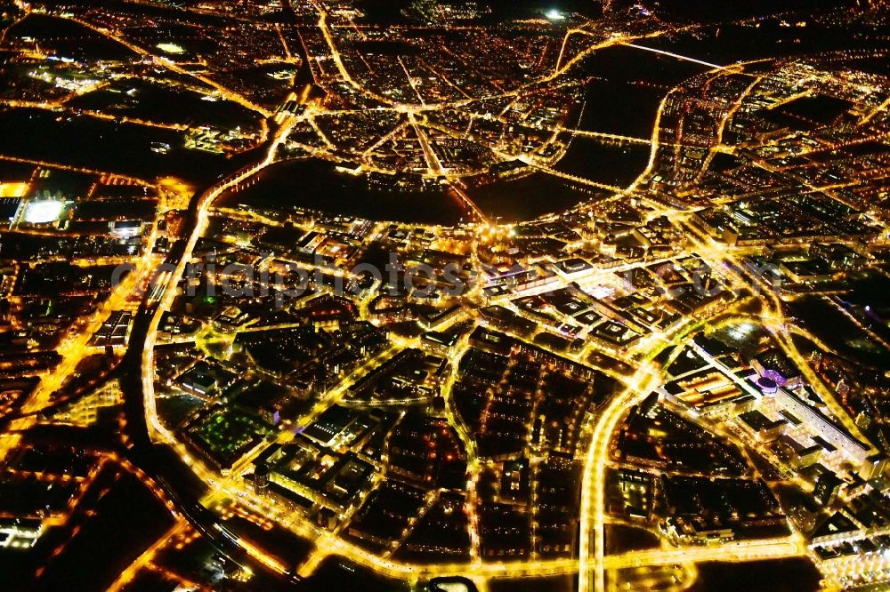 Aerial image at night Dresden - Night lighting city view on the river bank of the River Elbe in the district Zentrum in Dresden in the state Saxony, Germany