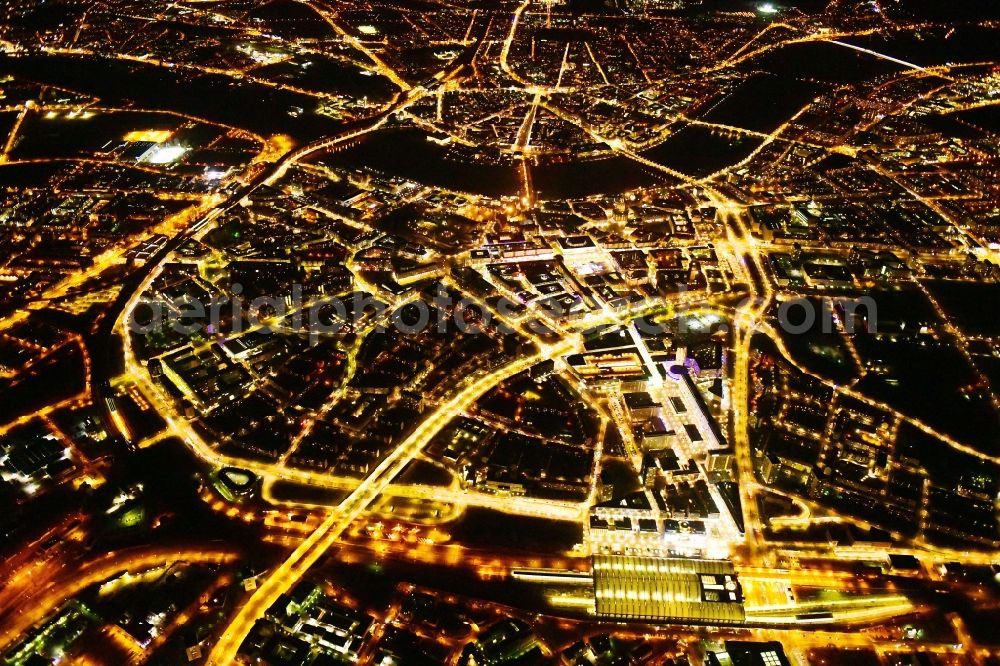 Dresden at night from above - Night lighting city view on the river bank of the River Elbe in the district Zentrum in Dresden in the state Saxony, Germany