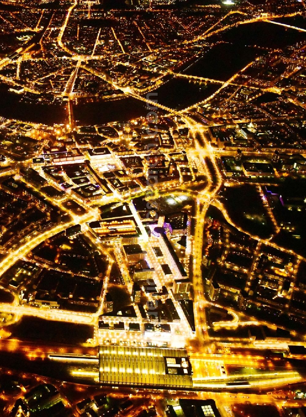 Dresden at night from the bird perspective: Night lighting city view on the river bank of the River Elbe in the district Zentrum in Dresden in the state Saxony, Germany