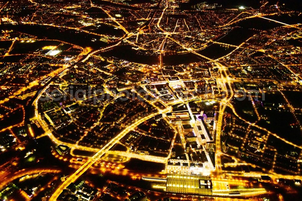 Aerial photograph at night Dresden - Night lighting city view on the river bank of the River Elbe in the district Zentrum in Dresden in the state Saxony, Germany