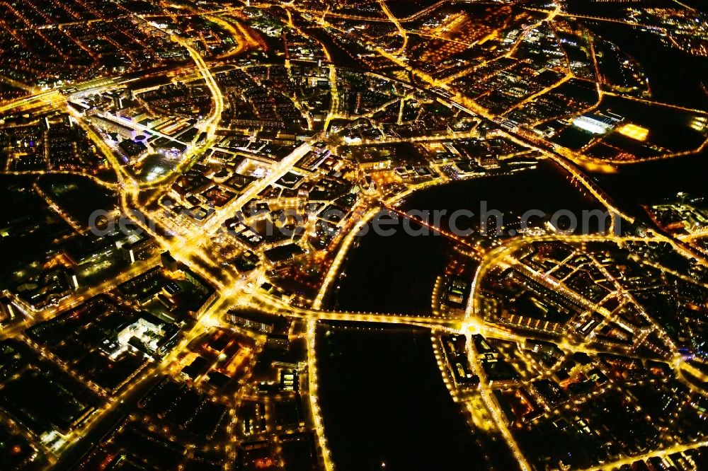 Aerial image at night Dresden - Night lighting city view on the river bank of the River Elbe in the district Zentrum in Dresden in the state Saxony, Germany