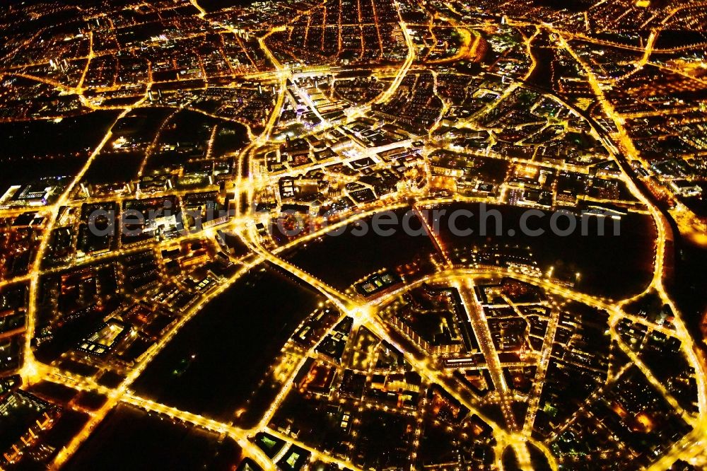 Dresden at night from above - Night lighting city view on the river bank of the River Elbe in the district Zentrum in Dresden in the state Saxony, Germany