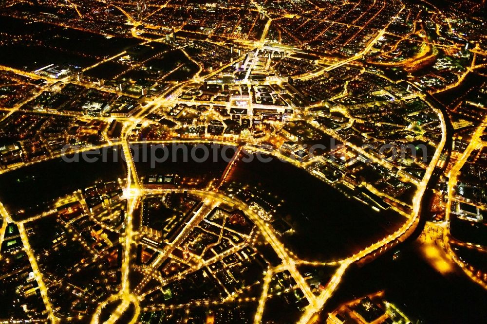 Dresden at night from the bird perspective: Night lighting city view on the river bank of the River Elbe in the district Zentrum in Dresden in the state Saxony, Germany