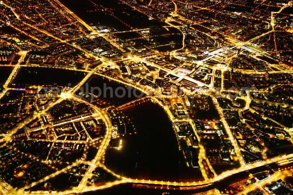 Aerial image at night Dresden - Night lighting city view on the river bank of the River Elbe in the district Zentrum in Dresden in the state Saxony, Germany