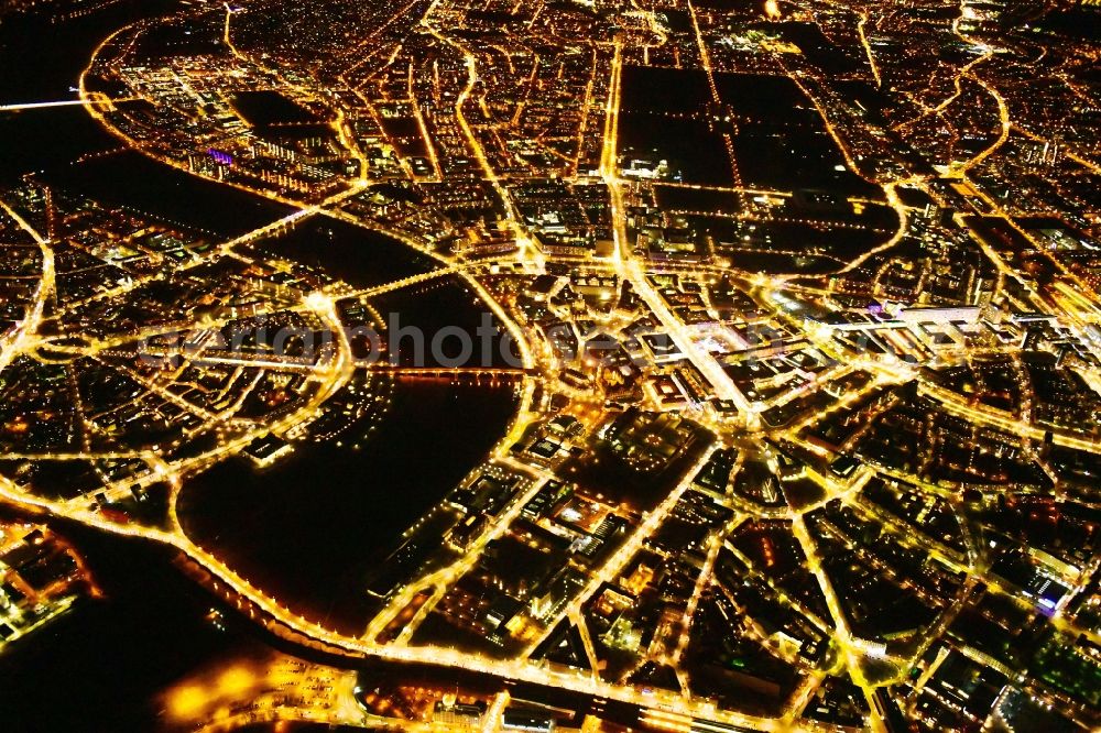 Dresden at night from above - Night lighting city view on the river bank of the River Elbe in the district Zentrum in Dresden in the state Saxony, Germany