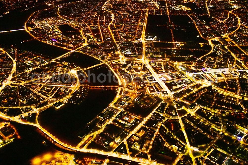 Dresden at night from the bird perspective: Night lighting city view on the river bank of the River Elbe in the district Zentrum in Dresden in the state Saxony, Germany