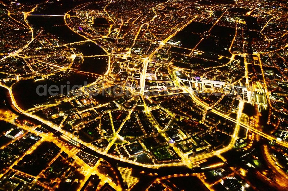 Aerial photograph at night Dresden - Night lighting city view on the river bank of the River Elbe in the district Zentrum in Dresden in the state Saxony, Germany