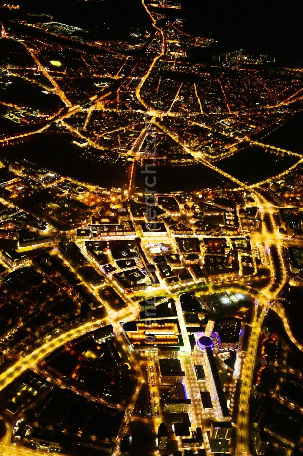 Dresden at night from above - Night lighting city view on the river bank of the River Elbe in the district Zentrum in Dresden in the state Saxony, Germany