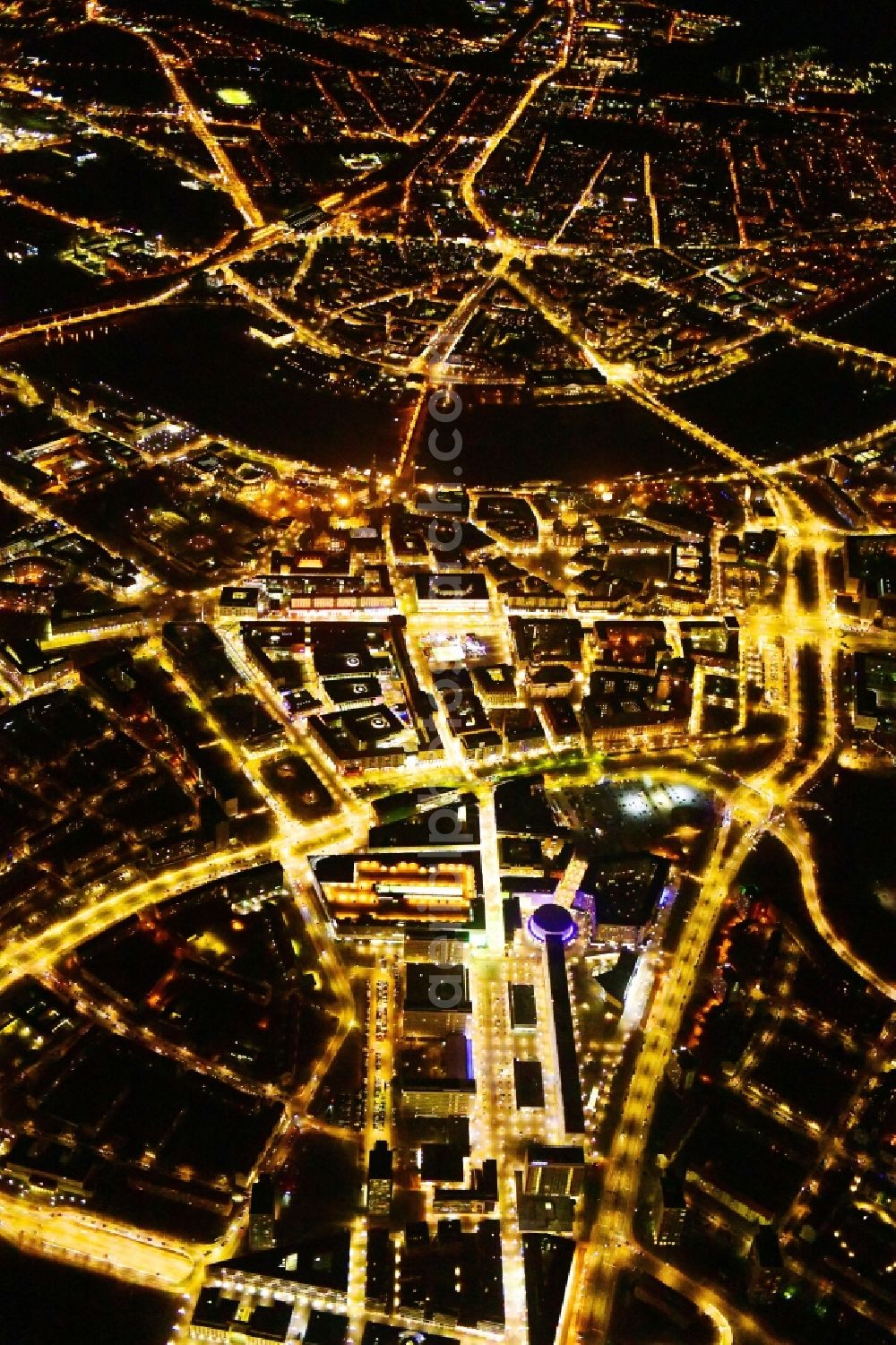 Dresden at night from the bird perspective: Night lighting city view on the river bank of the River Elbe in the district Zentrum in Dresden in the state Saxony, Germany