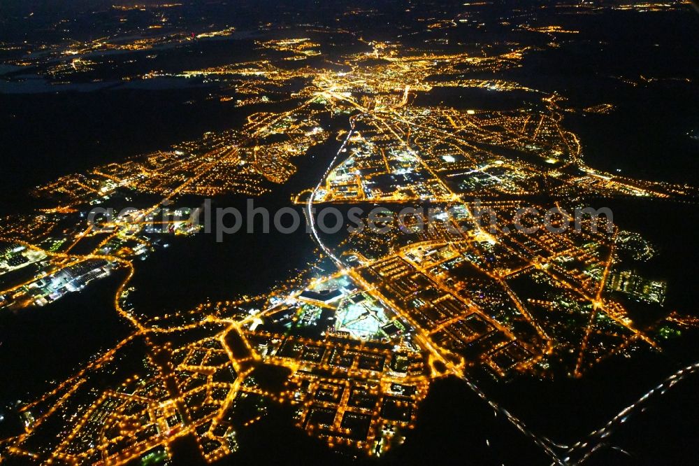 Potsdam at night from above - Night lighting outskirts residential Kirchsteigfeld in Potsdam in the state Brandenburg, Germany