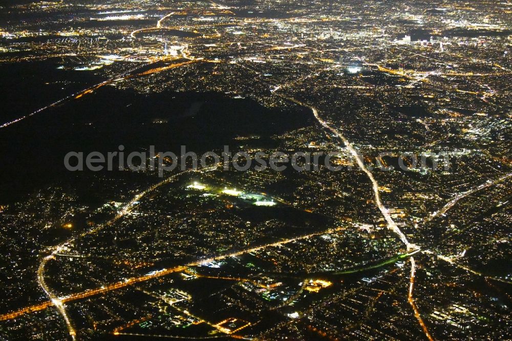 Aerial image at night Berlin - Night lighting Outskirts residential Argentinische Allee - Potsdamer Strasse B1 - Clayallee in the district Zehlendorf in Berlin, Germany