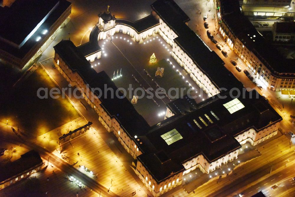 Potsdam at night from the bird perspective: Night lighting Night lights and illumination of the city palace and seat of the Brandenburg State Parliament in Potsdam in the federal state of Brandenburg