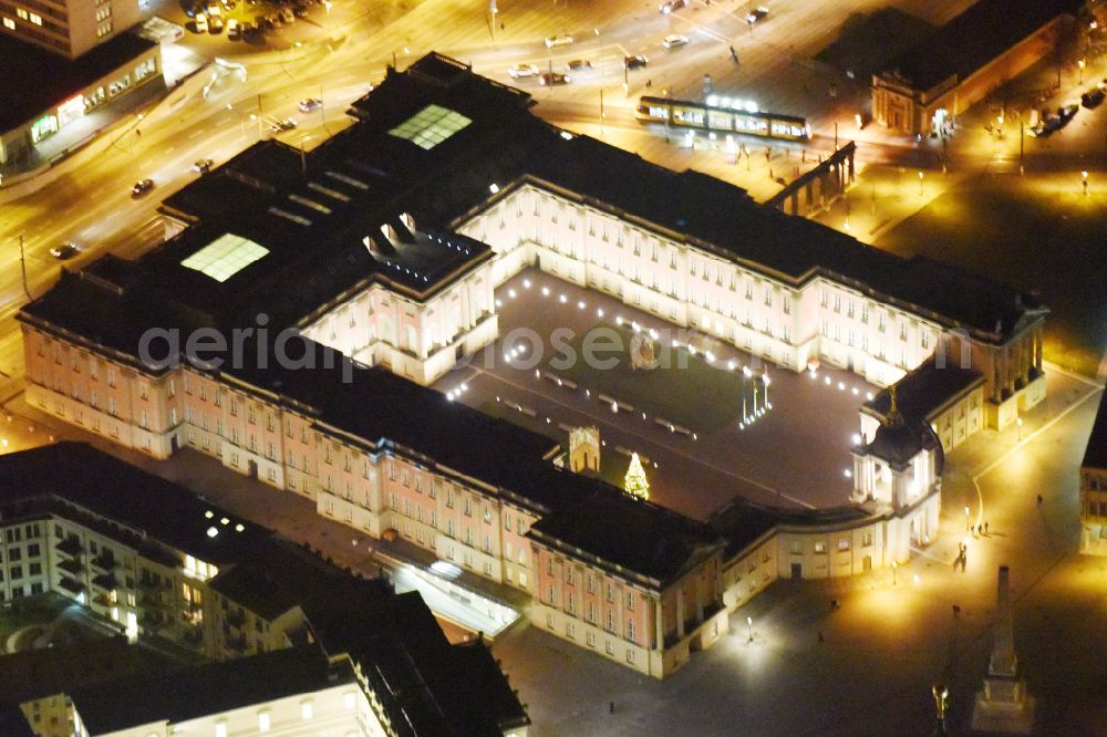 Aerial photograph at night Potsdam - Night lighting Night lights and illumination of the city palace and seat of the Brandenburg State Parliament in Potsdam in the federal state of Brandenburg