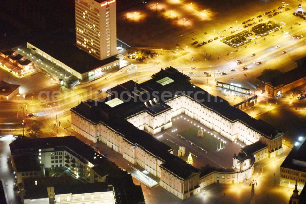 Aerial image at night Potsdam - Night lighting Night lights and illumination of the city palace and seat of the Brandenburg State Parliament in Potsdam in the federal state of Brandenburg