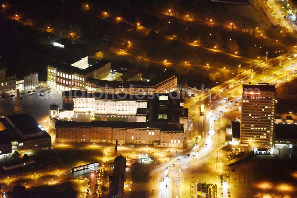 Potsdam at night from the bird perspective: Night lighting Night lights and illumination of the city palace and seat of the Brandenburg State Parliament in Potsdam in the federal state of Brandenburg