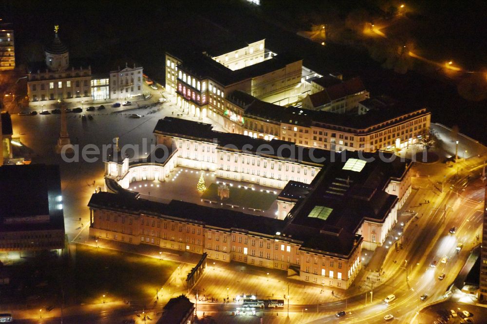 Aerial image at night Potsdam - Night lighting Night lights and illumination of the city palace and seat of the Brandenburg State Parliament in Potsdam in the federal state of Brandenburg