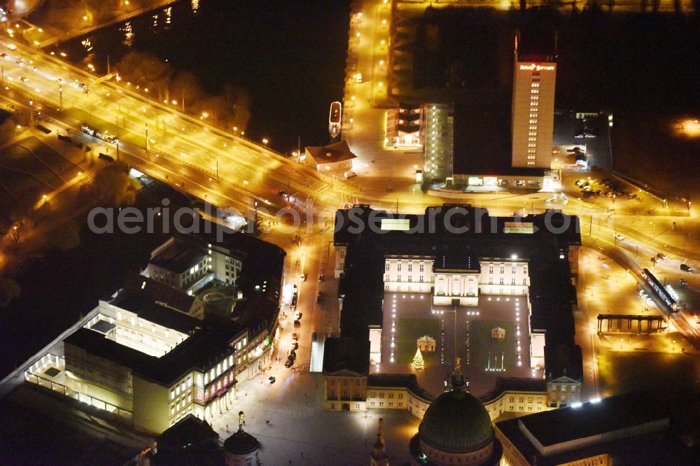 Potsdam at night from above - Night lighting Night lights and illumination of the city palace and seat of the Brandenburg State Parliament in Potsdam in the federal state of Brandenburg