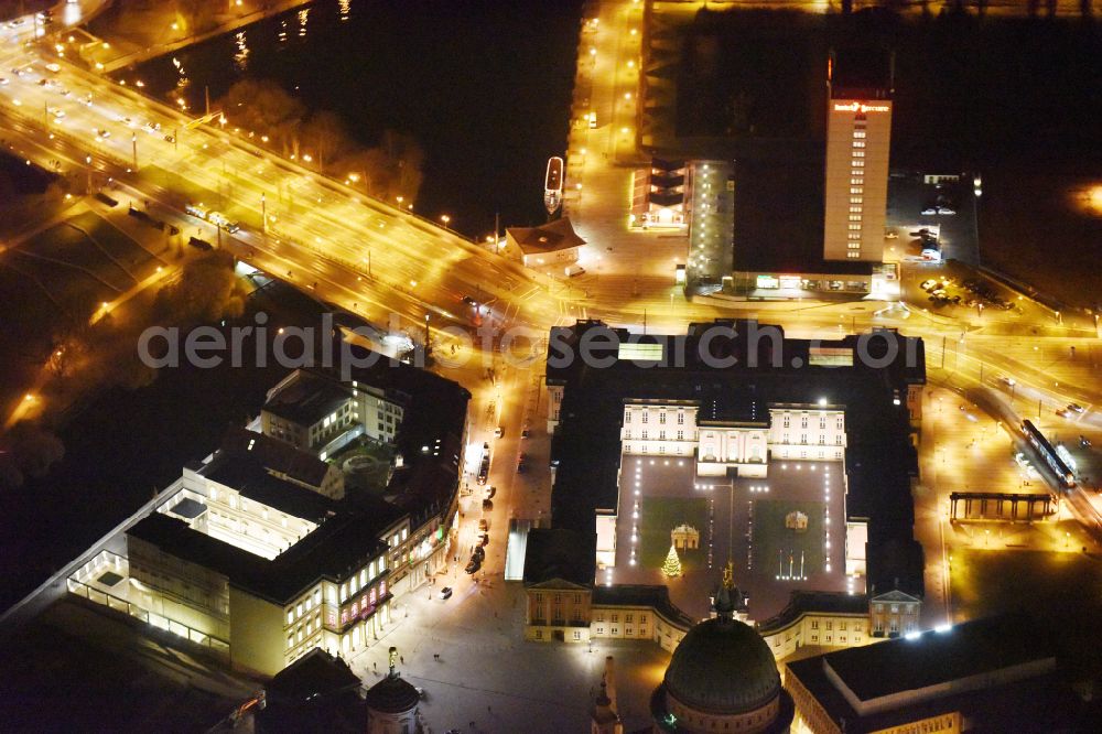 Potsdam at night from the bird perspective: Night lighting Night lights and illumination of the city palace and seat of the Brandenburg State Parliament in Potsdam in the federal state of Brandenburg