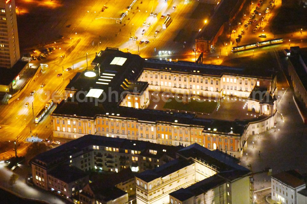 Aerial image at night Potsdam - Night lighting Night lights and illumination of the city palace and seat of the Brandenburg State Parliament in Potsdam in the federal state of Brandenburg