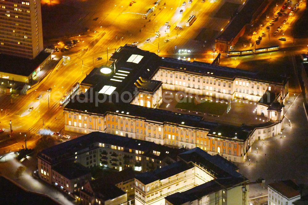 Potsdam at night from above - Night lighting Night lights and illumination of the city palace and seat of the Brandenburg State Parliament in Potsdam in the federal state of Brandenburg