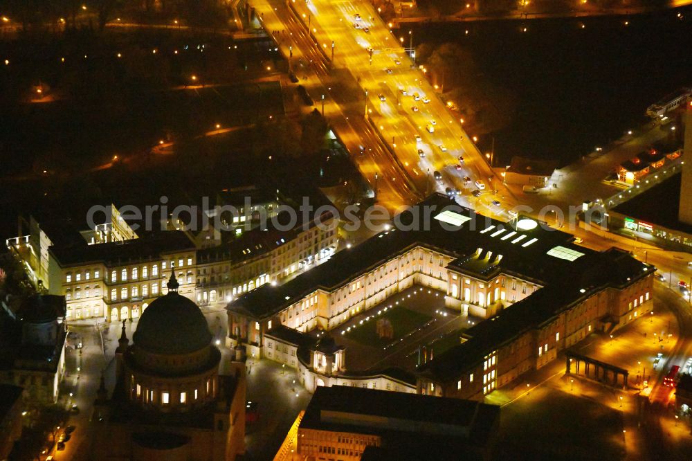 Potsdam at night from the bird perspective: Night lighting Night lights and illumination of the city palace and seat of the Brandenburg State Parliament in Potsdam in the federal state of Brandenburg