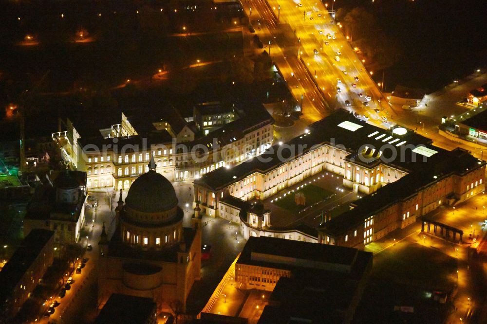 Aerial image at night Potsdam - Night lighting Night lights and illumination of the city palace and seat of the Brandenburg State Parliament in Potsdam in the federal state of Brandenburg