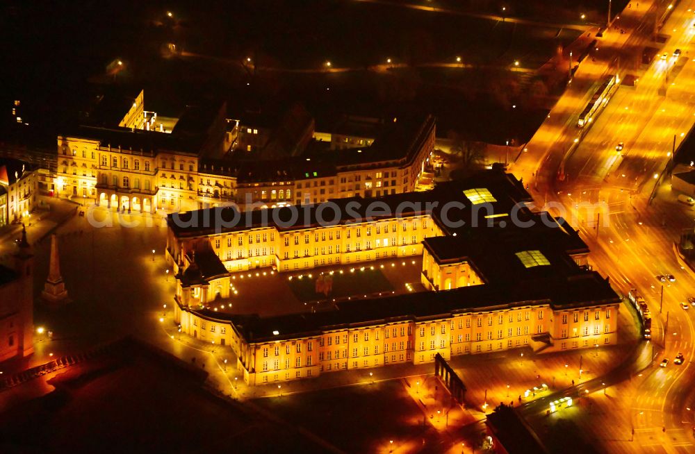 Potsdam at night from above - Night lighting Night lights and illumination of the city palace and seat of the Brandenburg State Parliament in Potsdam in the federal state of Brandenburg