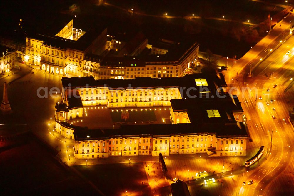 Potsdam at night from the bird perspective: Night lighting Night lights and illumination of the city palace and seat of the Brandenburg State Parliament in Potsdam in the federal state of Brandenburg