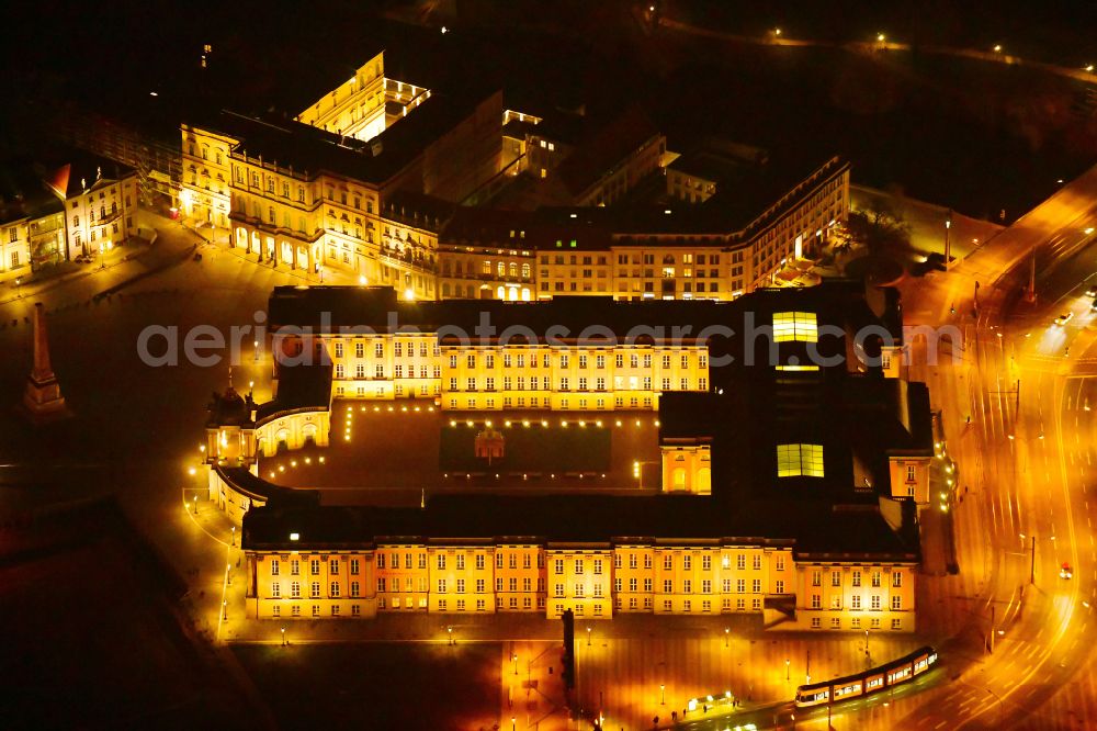 Aerial image at night Potsdam - Night lighting Night lights and illumination of the city palace and seat of the Brandenburg State Parliament in Potsdam in the federal state of Brandenburg