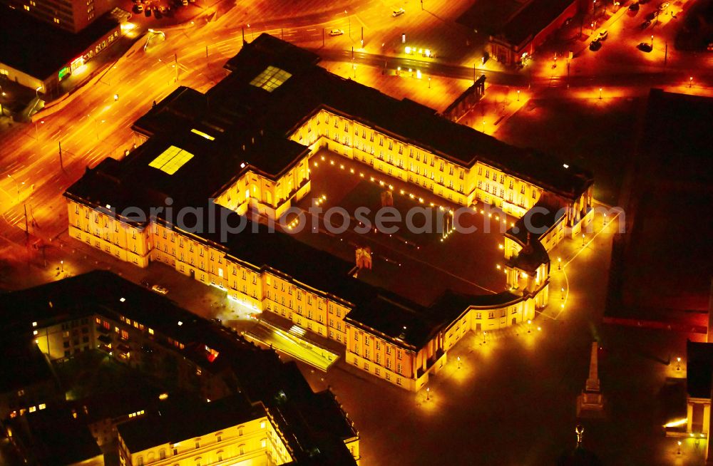 Aerial image at night Potsdam - Night lighting Night lights and illumination of the city palace and seat of the Brandenburg State Parliament in Potsdam in the federal state of Brandenburg