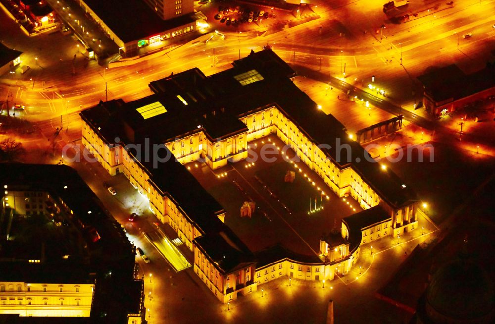 Potsdam at night from above - Night lighting Night lights and illumination of the city palace and seat of the Brandenburg State Parliament in Potsdam in the federal state of Brandenburg