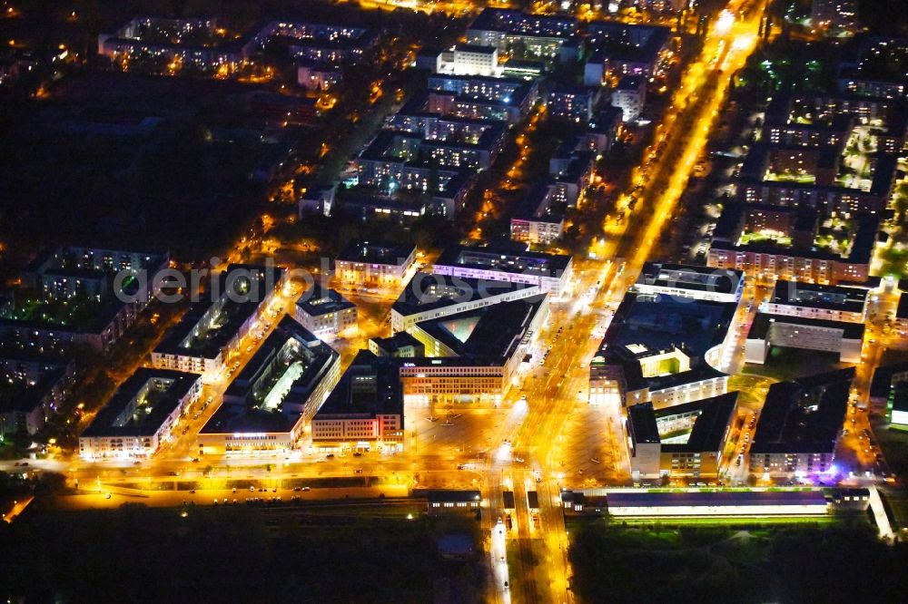 Berlin at night from above - Night lighting ensemble space on center Helle Mitte on Alice-Salomon-Platz in the inner city center in the district Hellersdorf in Berlin, Germany