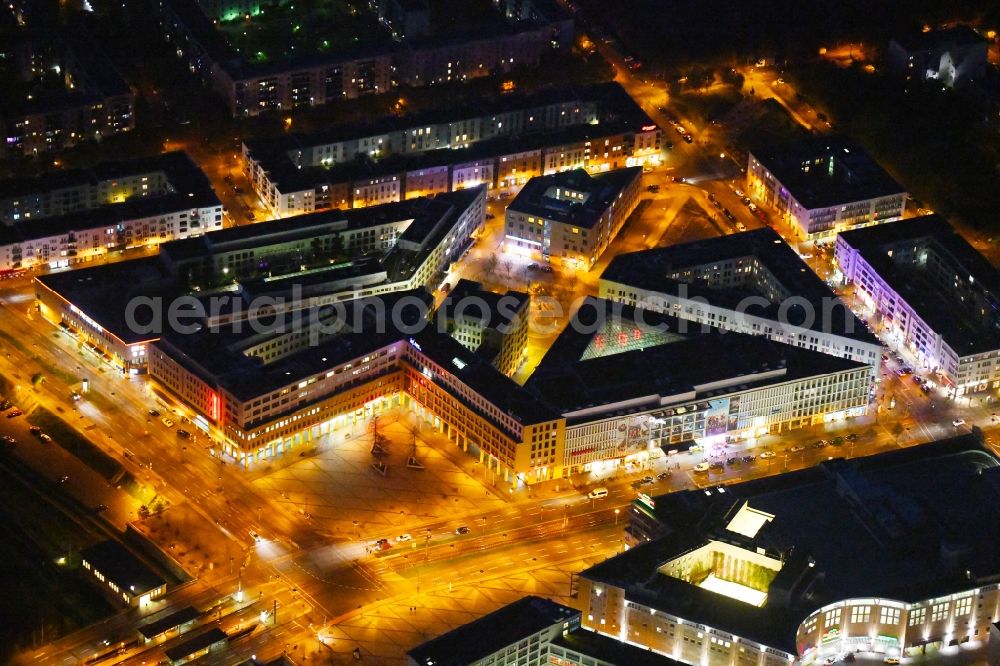 Berlin at night from above - Night lighting ensemble space on center Helle Mitte on Alice-Salomon-Platz in the inner city center in the district Hellersdorf in Berlin, Germany