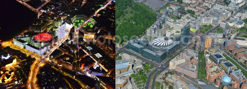 Aerial image at night Berlin - Combo of District center at Potsdamer Platz and Leipziger Platz in the capital Berlin by day and by night