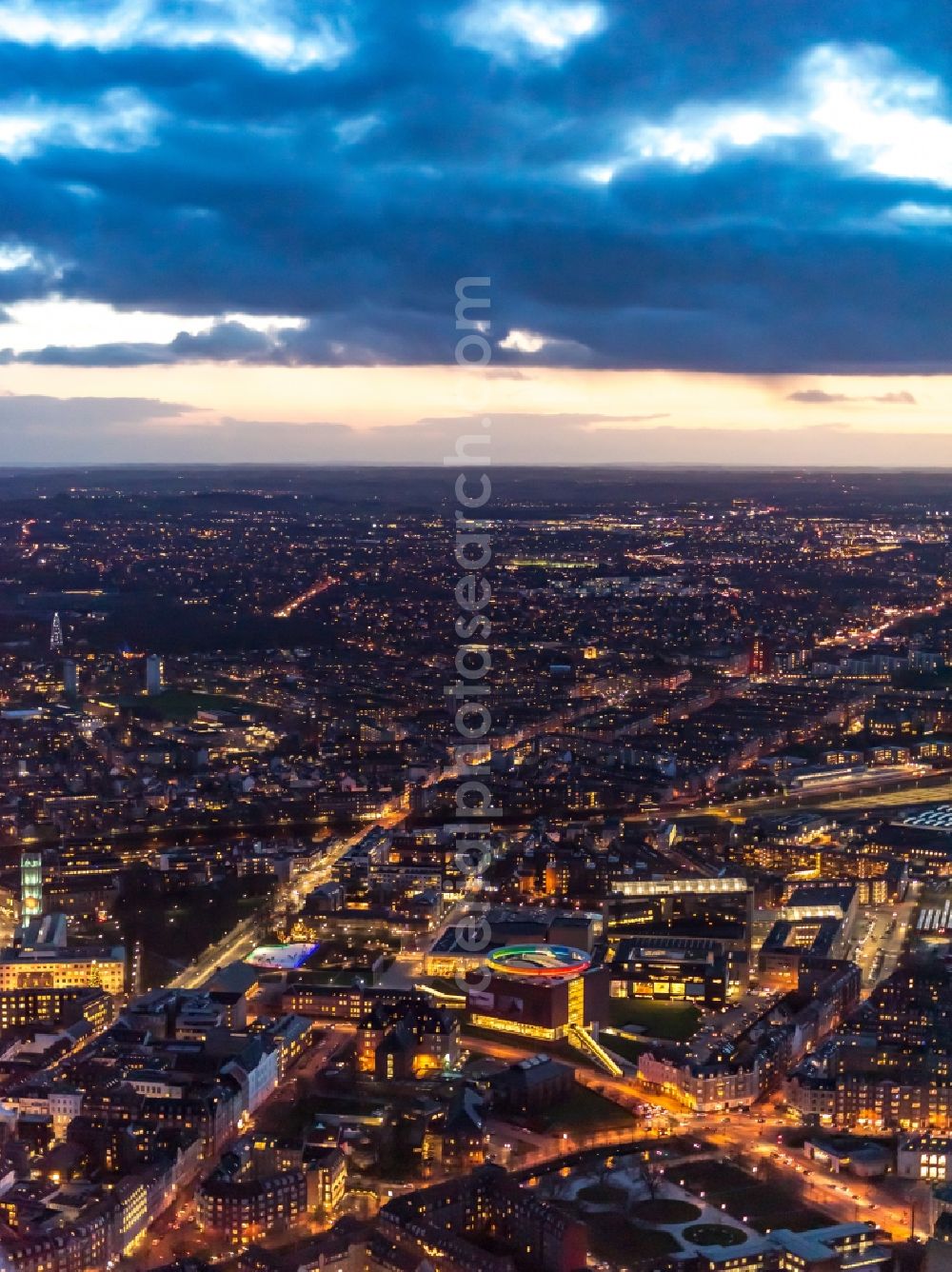 Aerial image at night Aarhus - Night lighting the city center in the downtown area in Aarhus in Region Midtjylland, Denmark