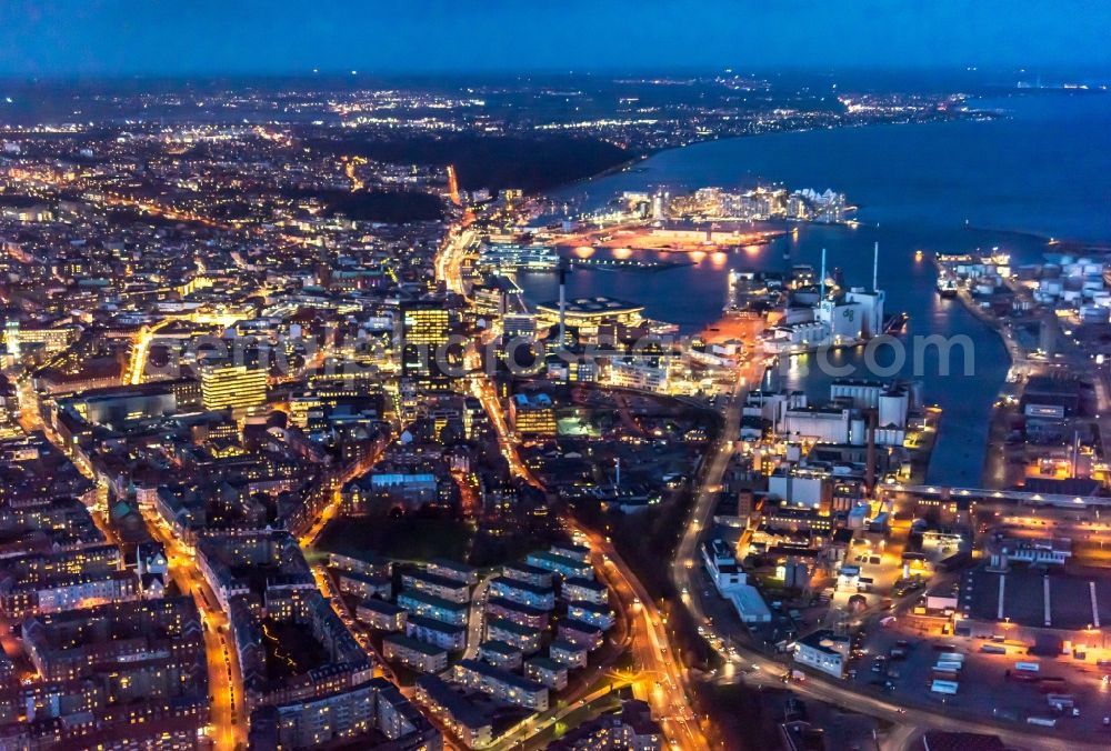 Aerial photograph at night Aarhus - Night lighting the city center in the downtown area in Aarhus in Region Midtjylland, Denmark