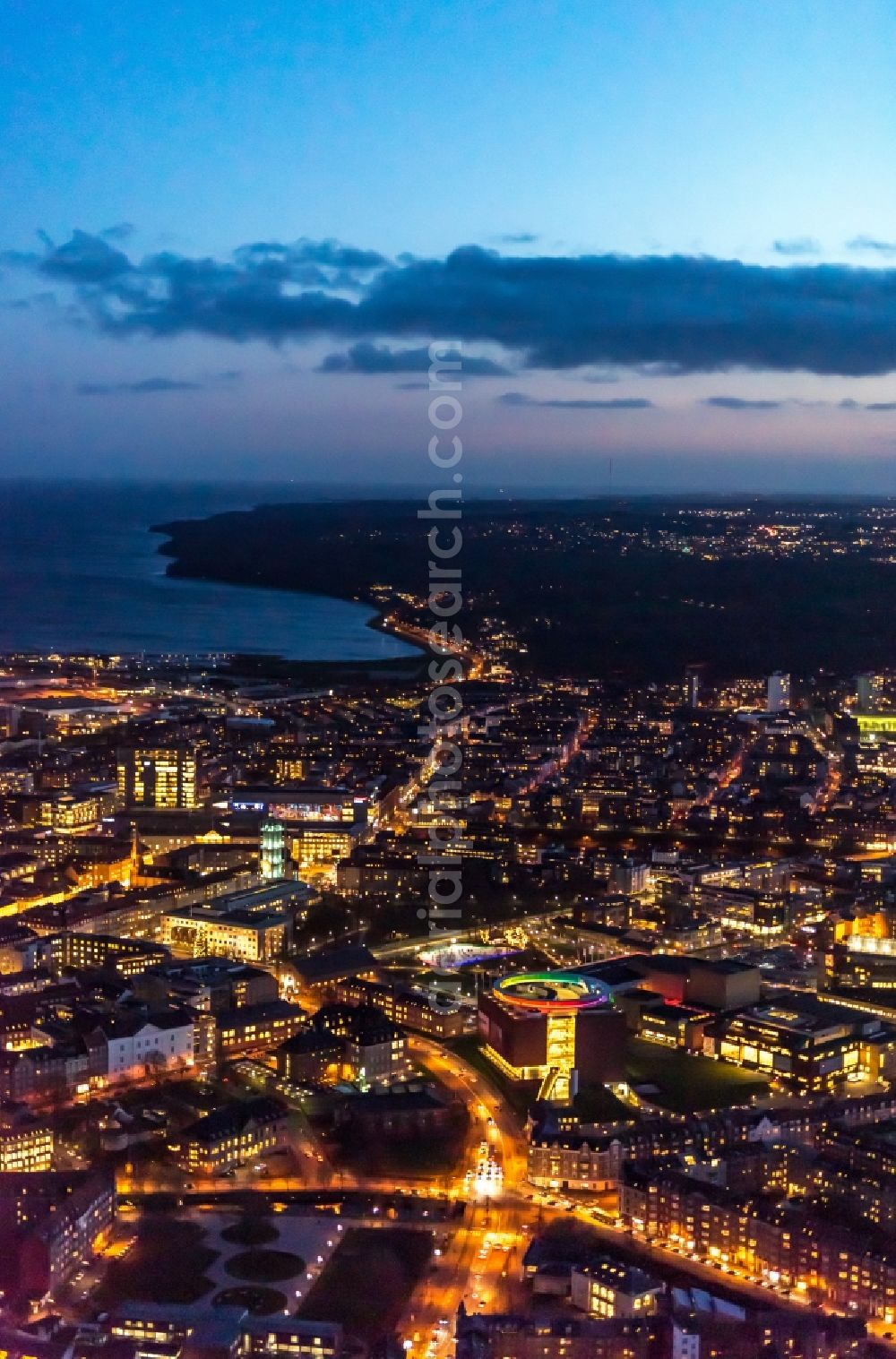 Aarhus at night from above - Night lighting the city center in the downtown area in Aarhus in Region Midtjylland, Denmark