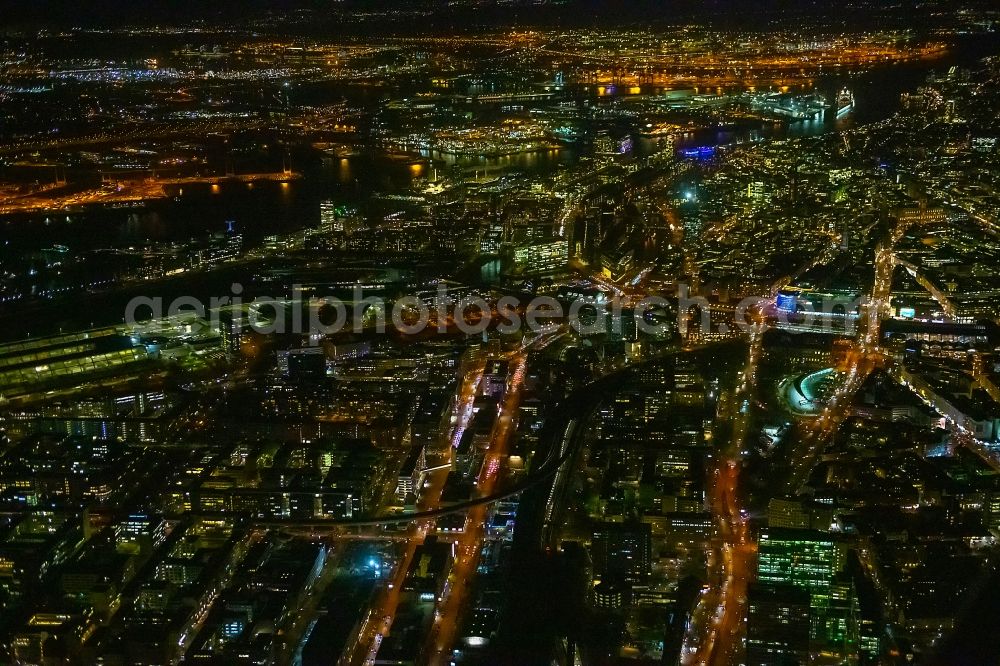 Hamburg at night from the bird perspective: Night lighting the city center in the downtown area in the district Altstadt in Hamburg, Germany