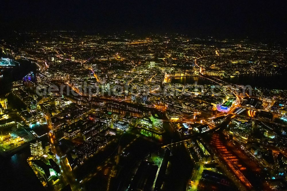 Hamburg at night from the bird perspective: Night lighting the city center in the downtown area in the district Altstadt in Hamburg, Germany