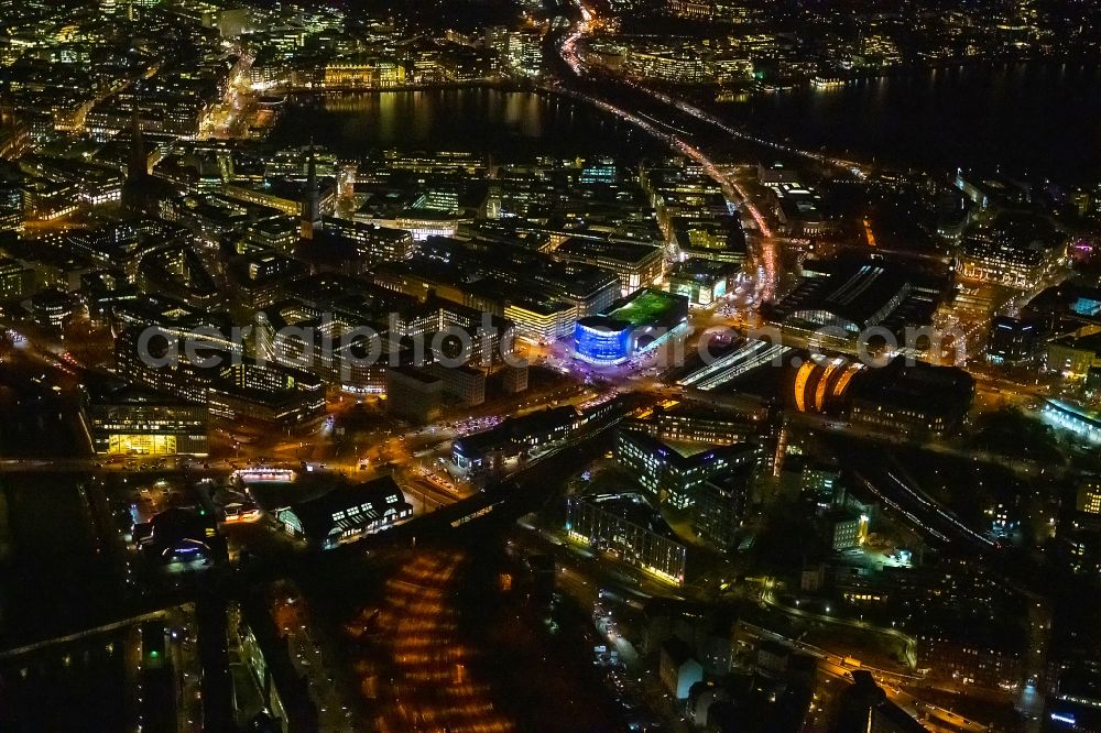 Aerial image at night Hamburg - Night lighting the city center in the downtown area in the district Altstadt in Hamburg, Germany