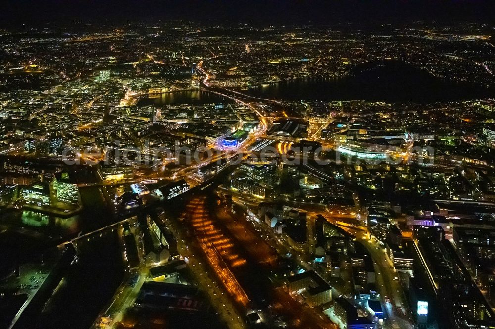 Hamburg at night from above - Night lighting the city center in the downtown area in the district Altstadt in Hamburg, Germany