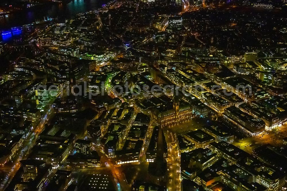 Hamburg at night from the bird perspective: Night lighting the city center in the downtown area in the district Altstadt in Hamburg, Germany