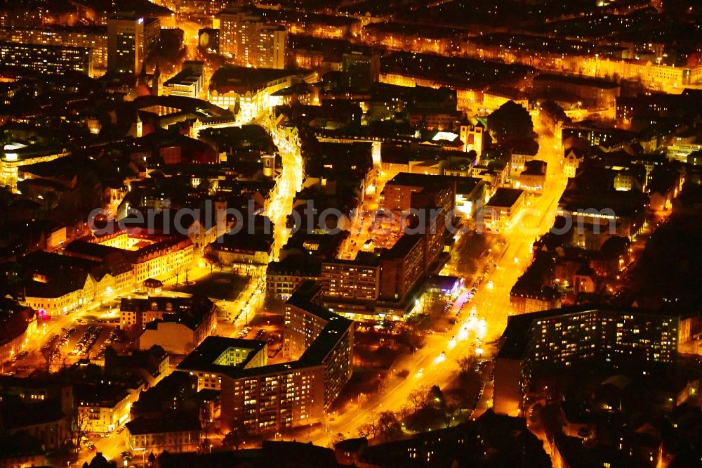 Aerial photograph at night Erfurt - Night lighting the city center in the downtown area Anger - Juri-Gagarin-Ring in Erfurt in the state Thuringia, Germany