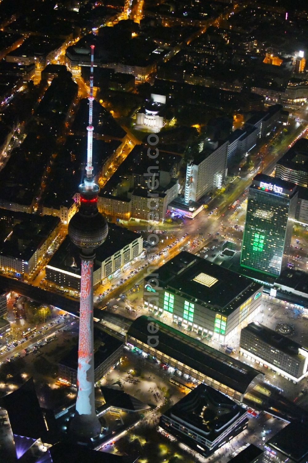 Aerial photograph at night Berlin - Night lighting The city center in the downtown area on tv- tower - Alexanderplatz in the district Mitte in Berlin, Germany